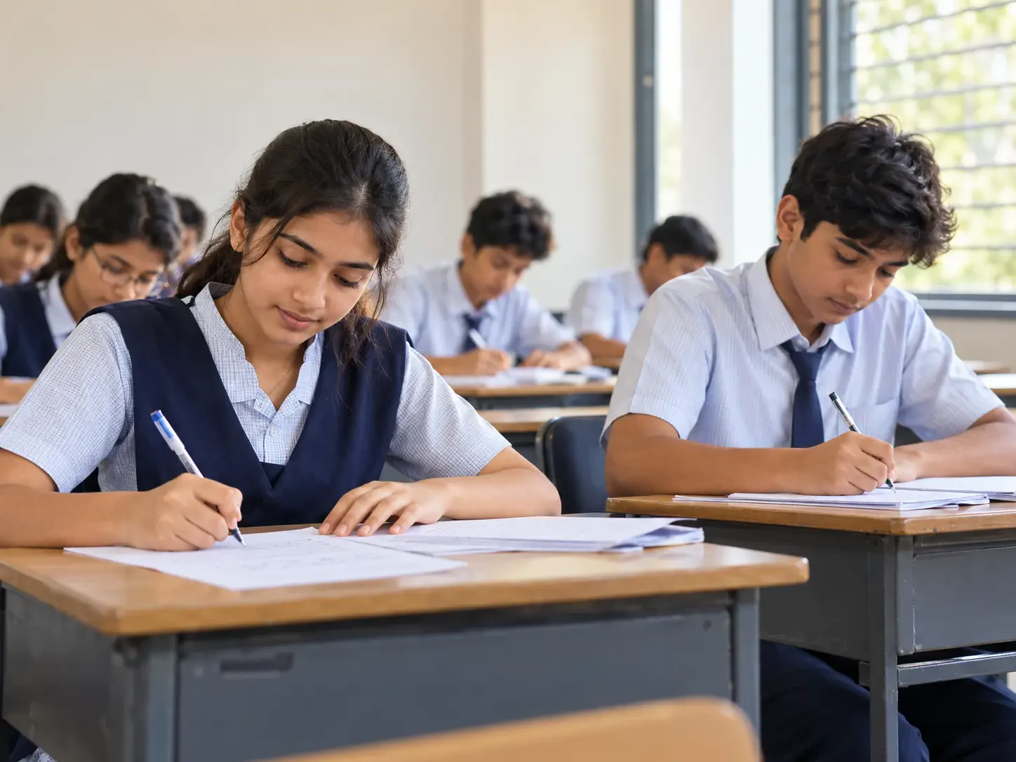 Students working on exam papers in a classroom